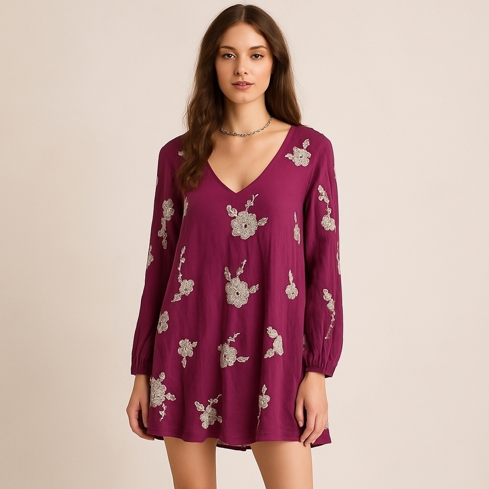 Free People Purple Floral Embroidered Mini Dress XS
